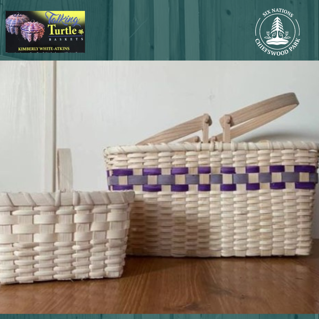 Two traditional gathering baskets with natural materials and one has designs woven in purple.